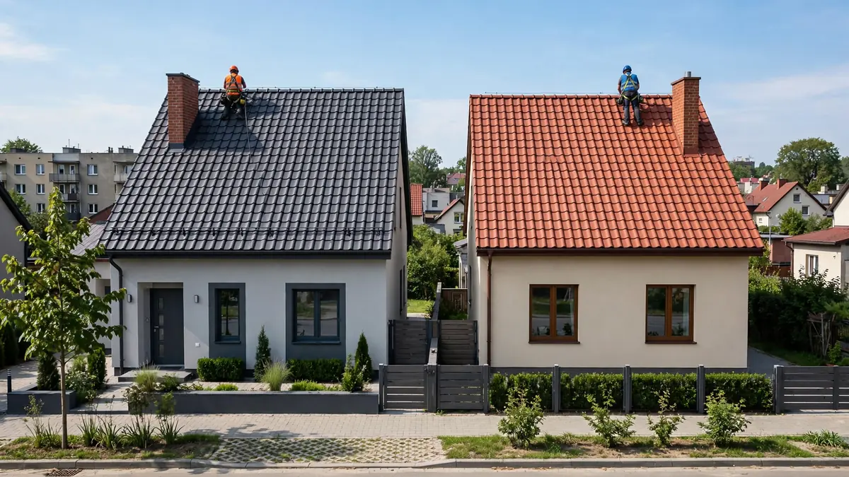 Dwa sąsiednie domy jednorodzinne: jeden kryty grafitową blachodachówką, drugi czerwoną dachówką ceramiczną
