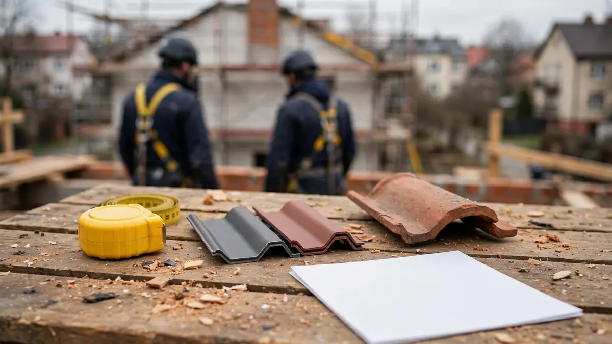 Dekarz mierzy połać dachu taśmą przed przygotowaniem kosztorysu