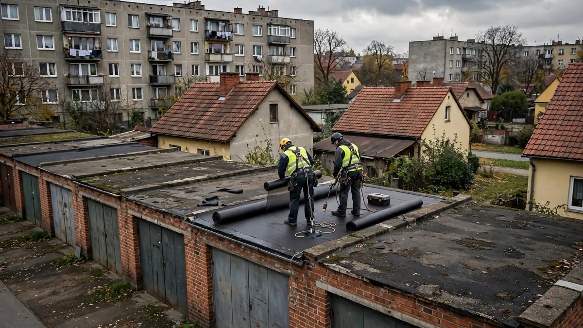 Rząd murowanych garaży za blokiem, na jednym boksie świeżo położona papa termozgrzewalna z posypką, na sąsiednich stara, łatana papa
