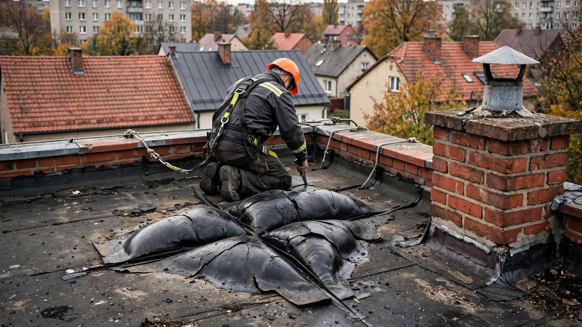 dekarz rozcina na krzyż pęcherz na starej papie na stropodachu bloku, obok kominek wentylacyjny i attyka