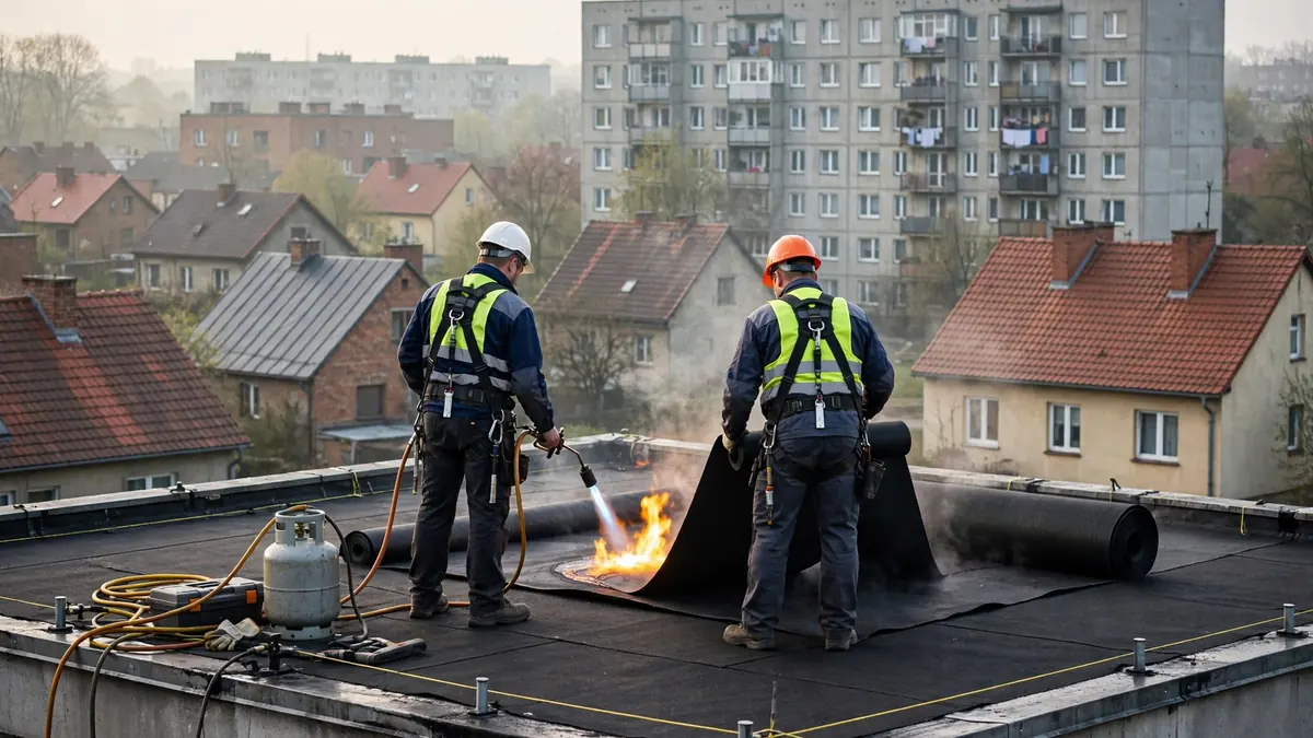 Dekarz zgrzewa palnikiem pas papy termozgrzewalnej na płaskim dachu garażu, w tle bloki mieszkalne
