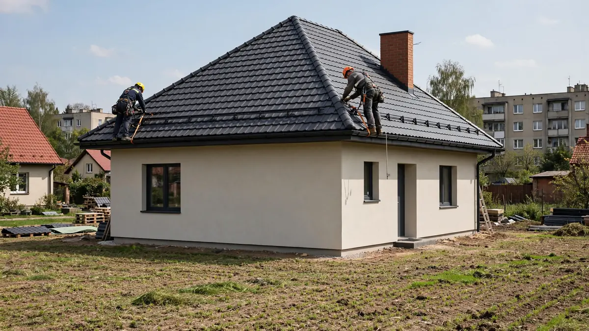 Dekarze kryją kopertowy dach z grafitowej dachówki na nowym domu jednorodzinnym
