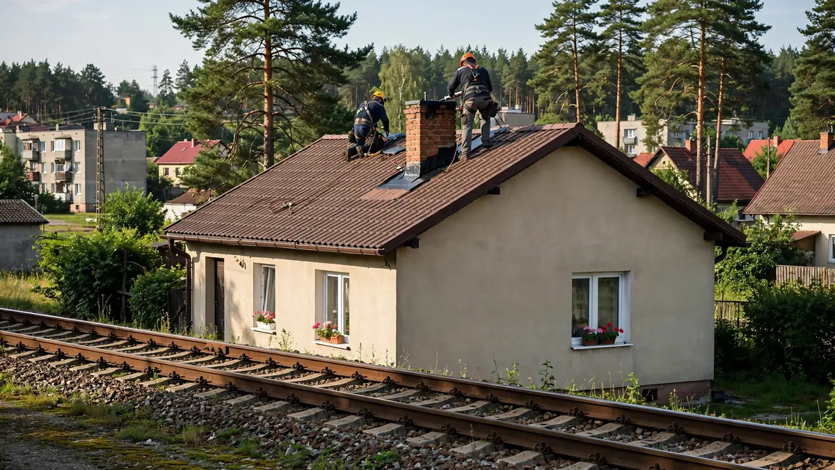 Dekarze przy kominie na dachu domu stojącego przy torach kolejowych