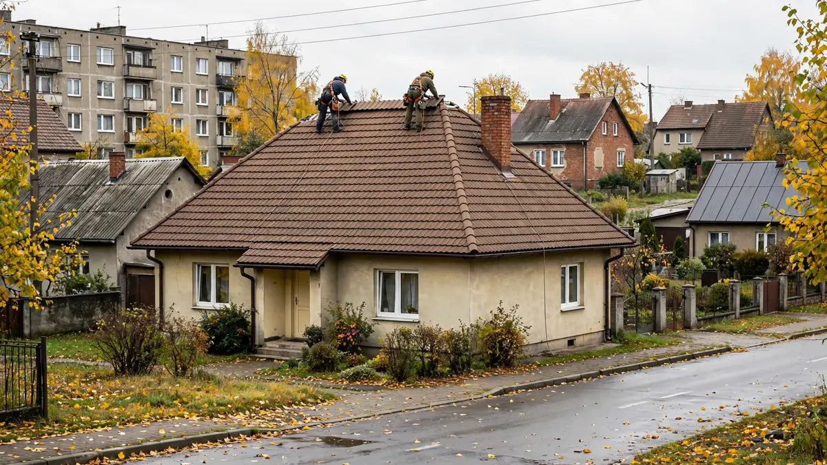 Dekarze na dachu z brązowej dachówki parterowego domu jednorodzinnego