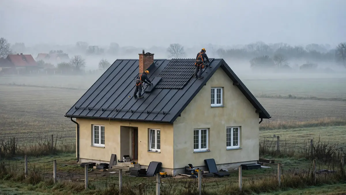 Dekarze układają grafitową blachodachówkę na domu wśród pól we mgle