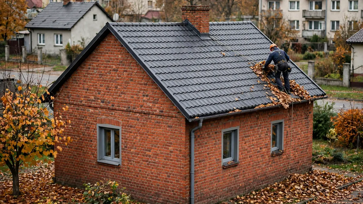 Dekarz zbiera liście z dachu ceglanego domu krytego blachodachówką