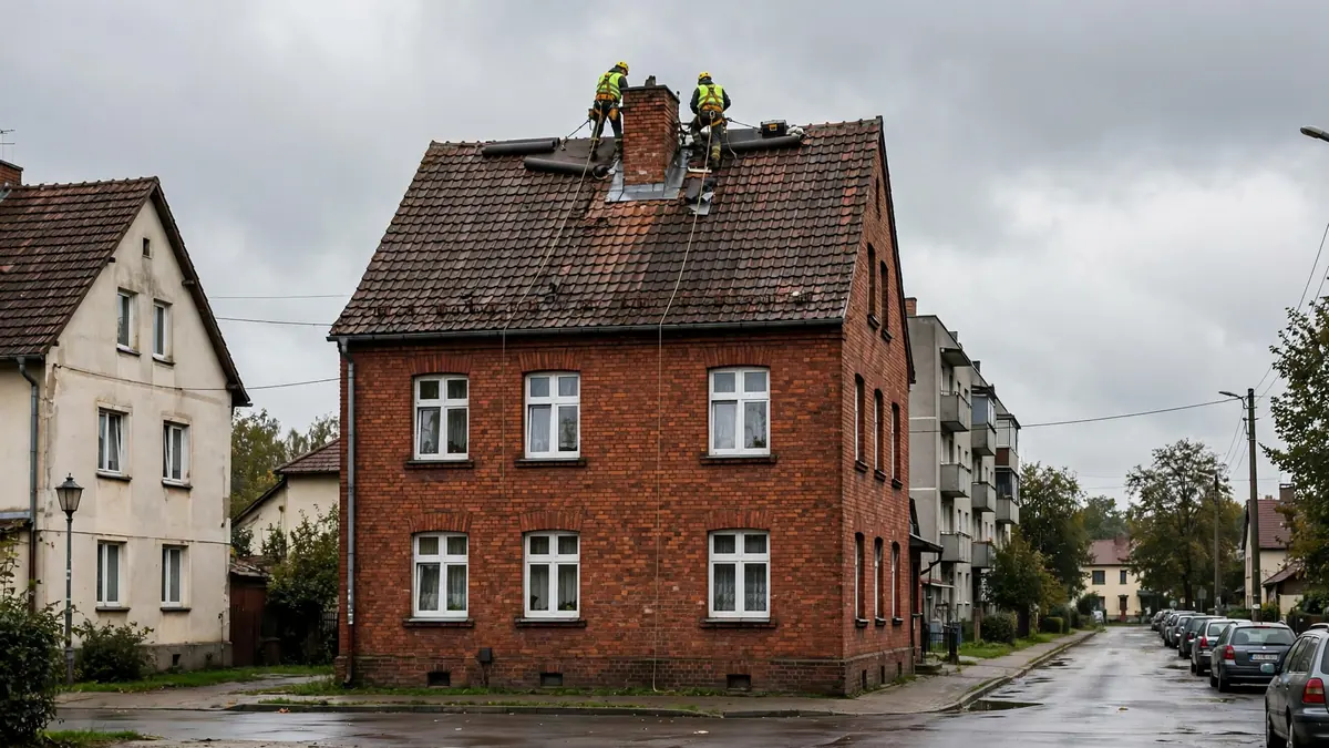 Dekarze przy kominie na dachu ceglanej kamienicy