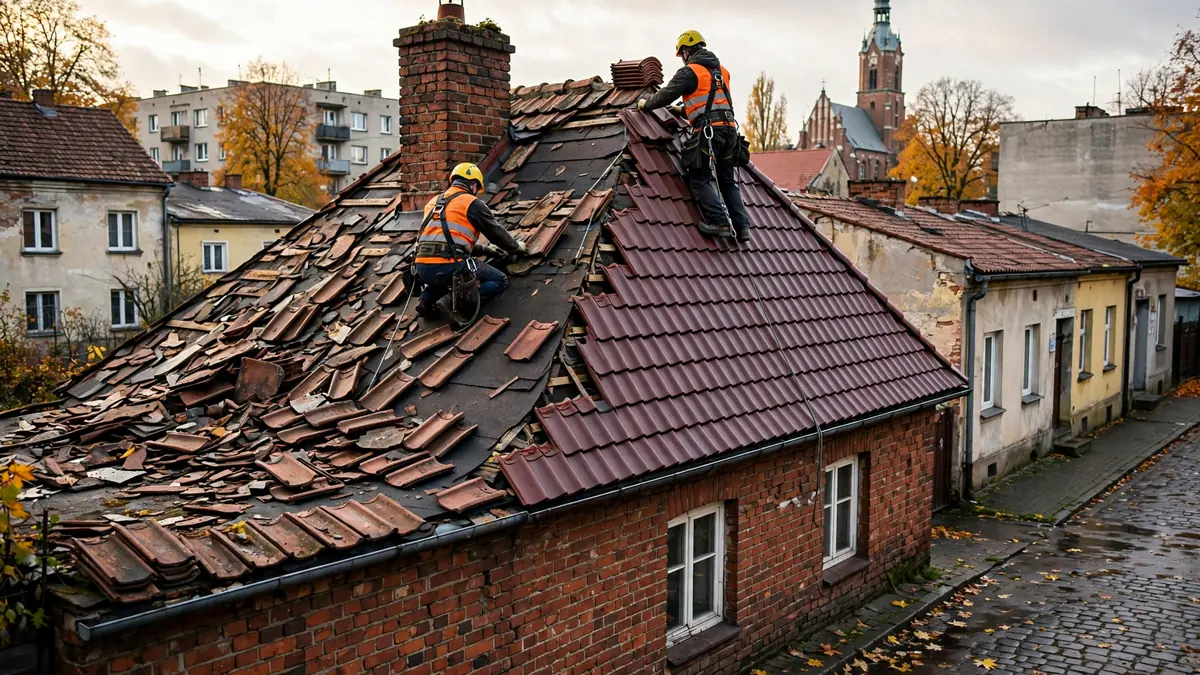 Dwóch dekarzy wymienia dachówki na dachu starego domu z czerwonej cegły