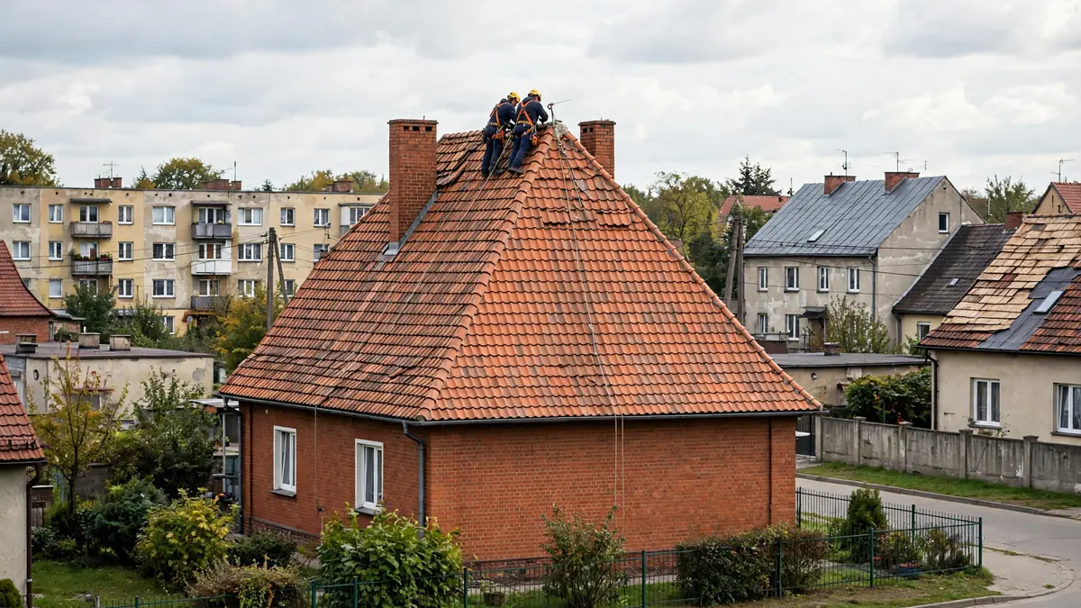 Dekarze na kalenicy wysokiego dachu z dachówki ceramicznej na ceglanym domu