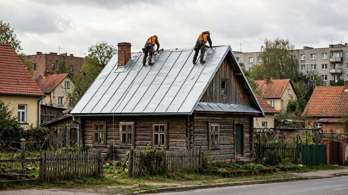 Dekarze kryją blachą dach starego drewnianego domu
