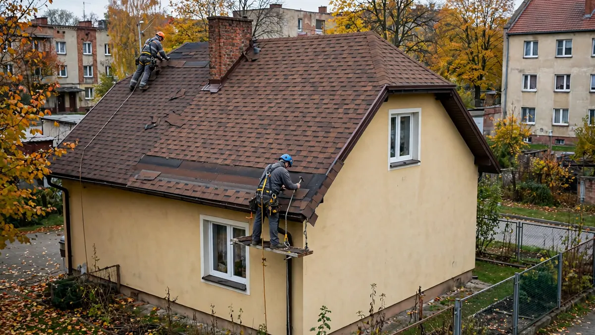 Dach domu kryty brązowym gontem bitumicznym, z bliska widoczna posypka i krawędzie gontów przy okapie