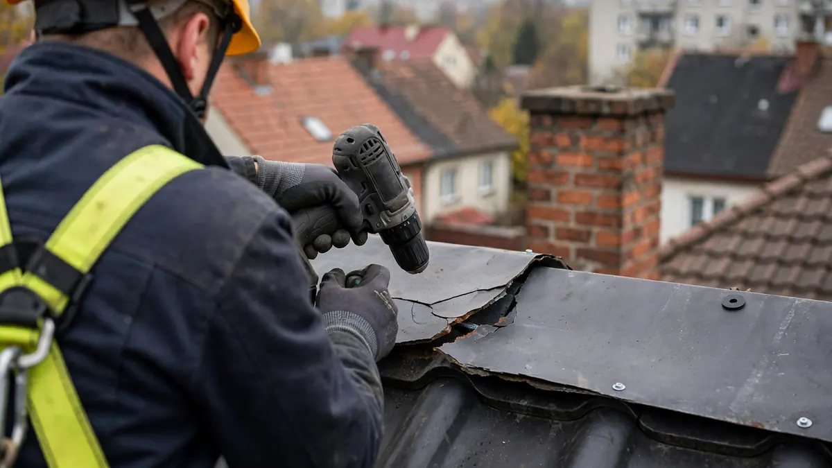 Dekarz uszczelnia obróbkę blacharską komina na dachu krytym dachówką