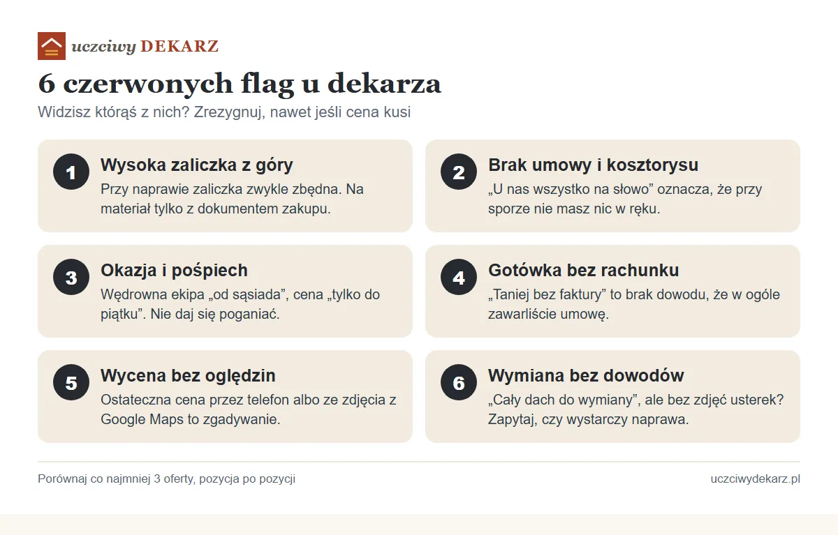 Infografika: 6 czerwonych flag przy wyborze dekarza: wysoka zaliczka, brak umowy, okazja i pośpiech, gotówka bez rachunku, wycena bez oględzin, wymiana bez dowodów