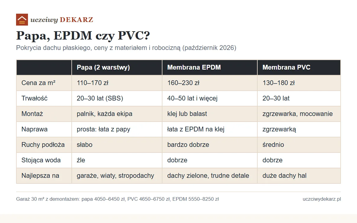 Tabela porównawcza pokryć dachu płaskiego: papa 110–170 zł/m² i 20–30 lat, EPDM 160–230 zł/m² i 40–50 lat, PVC 130–180 zł/m² i 20–30 lat, z montażem, naprawą i zastosowaniem