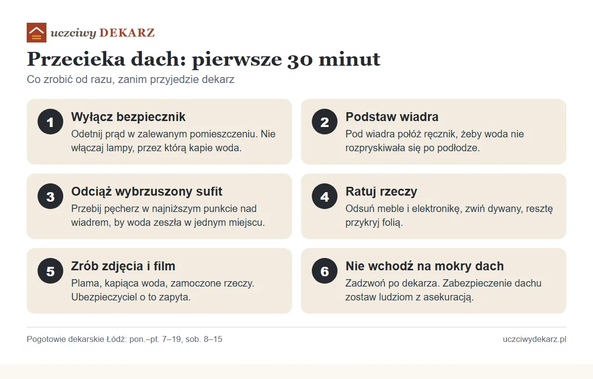 Infografika: 6 kroków, co zrobić w pierwszych 30 minutach, gdy przecieka dach
