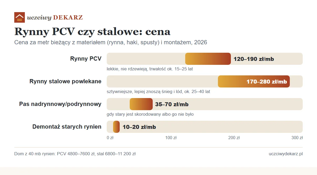 Wykres cen rynien za metr bieżący z montażem: PCV 120–190 zł, stalowe powlekane 170–280 zł, pas nadrynnowy 35–70 zł, demontaż starych rynien 10–20 zł