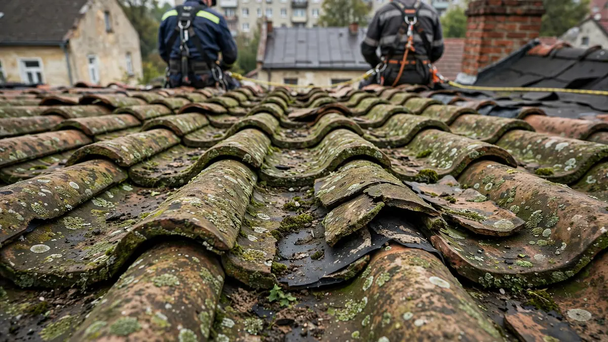 Stara dachówka ceramiczna porośnięta mchem i porostami, w tle dwóch dekarzy na dachu