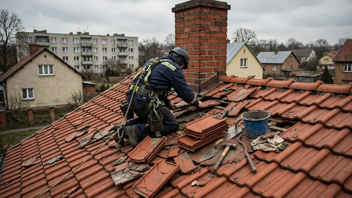 Dekarz wymienia pękniętą dachówkę ceramiczną obok komina na dachu domu jednorodzinnego