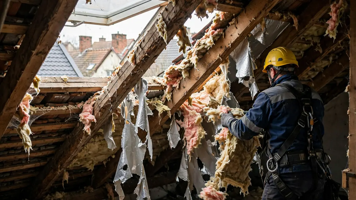 Rozszarpana wełna mineralna i podarta membrana dachowa między krokwiami na poddaszu, oświetlone latarką