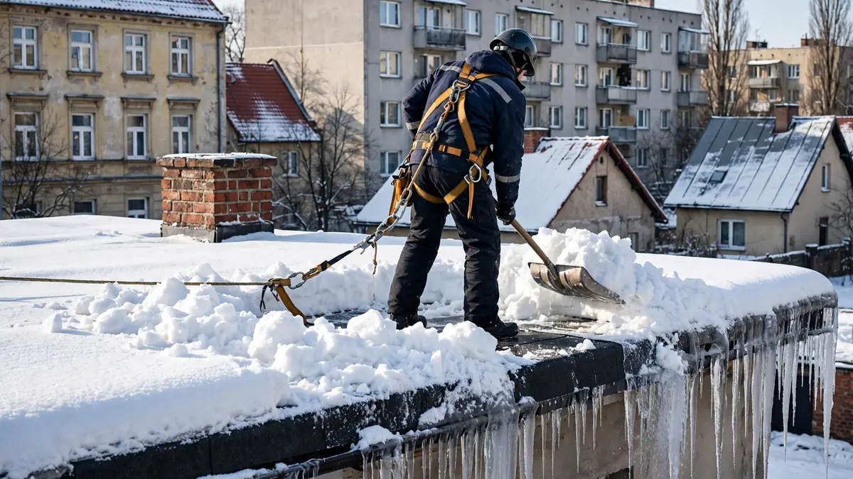 Dach domu przykryty grubą warstwą śniegu z nawisem i soplami nad rynną, przy okapie płotek przeciwśniegowy