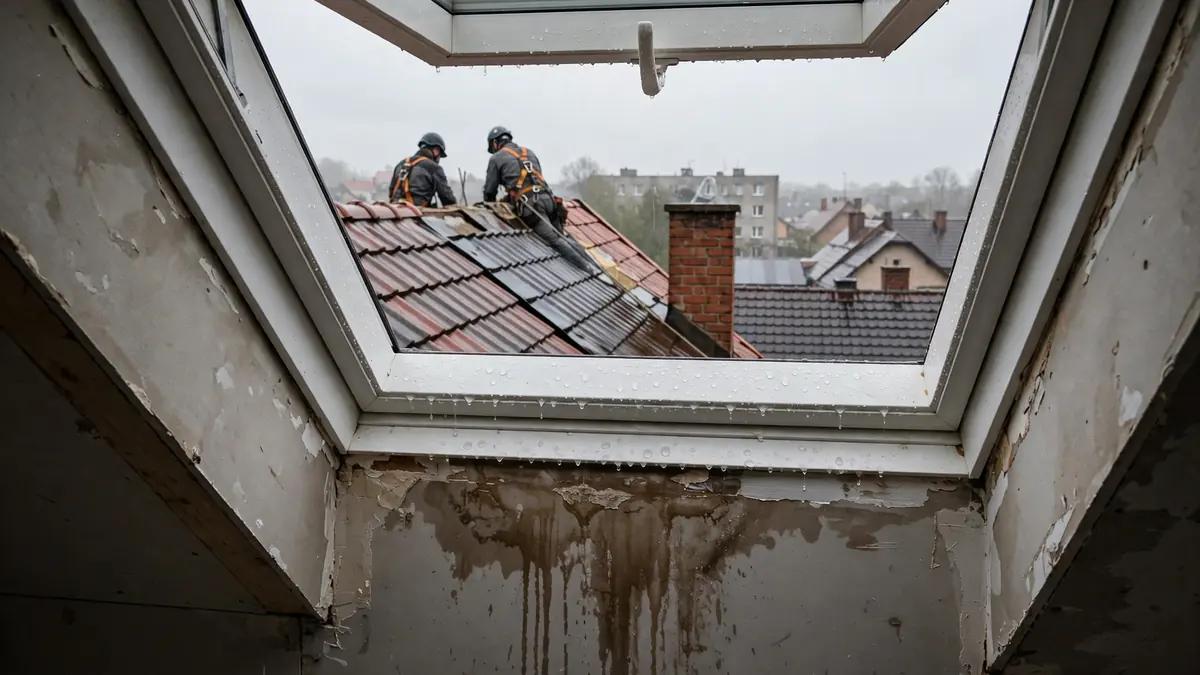 Zaciek na płycie gipsowej pod oknem dachowym na poddaszu, widoczne krople na dolnej części ramy