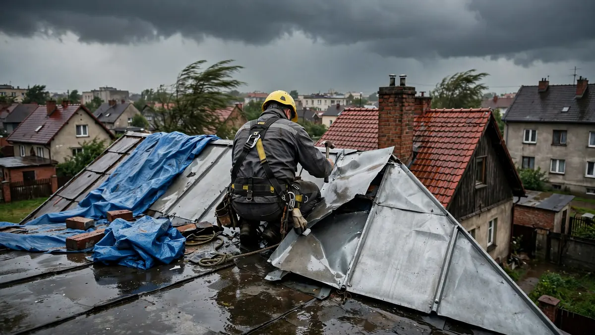 Dekarz rozkłada i przybija łatami niebieską plandekę na uszkodzonym dachu domu po wichurze