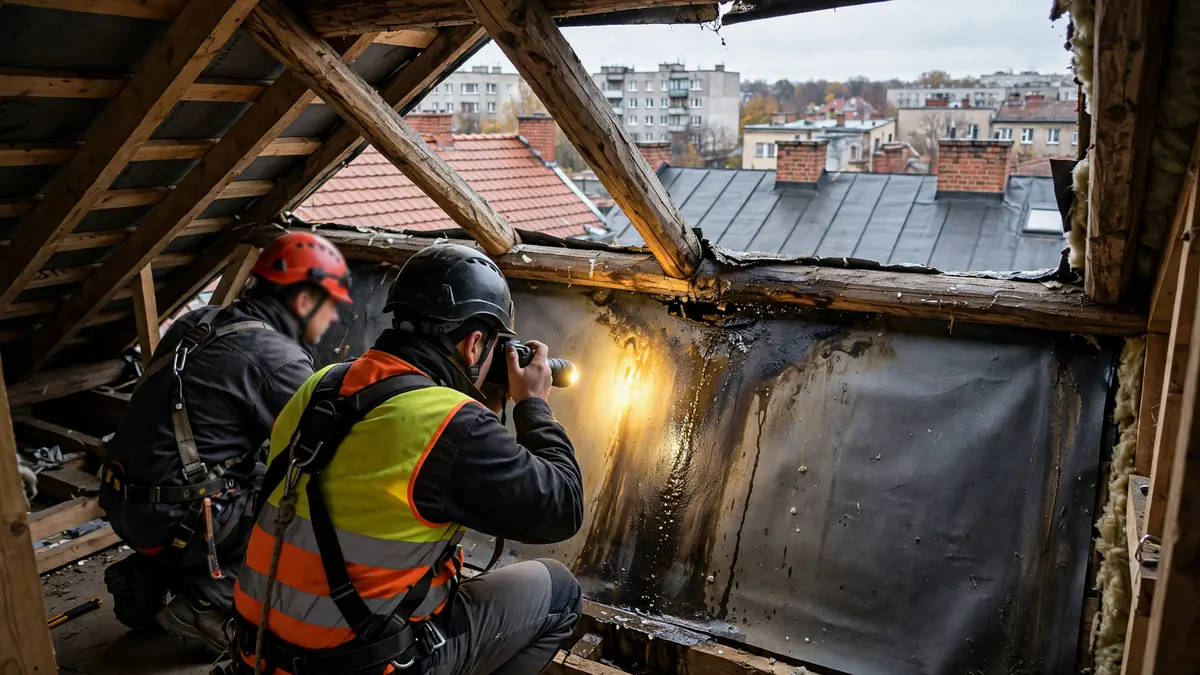 Widok z poddasza na krokwie i membranę dachową z widocznym zaciekiem, dekarz świeci latarką i robi zdjęcie