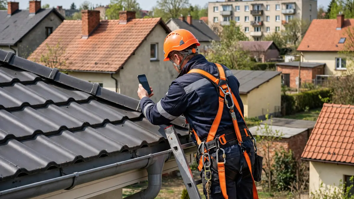 Dekarz na dachu z dachówki ceramicznej fotografuje telefonem obróbkę komina podczas przeglądu