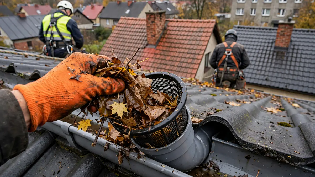 dłoń w rękawicy wybiera liście z rynny PCV, obok kosz na wlocie do rury spustowej