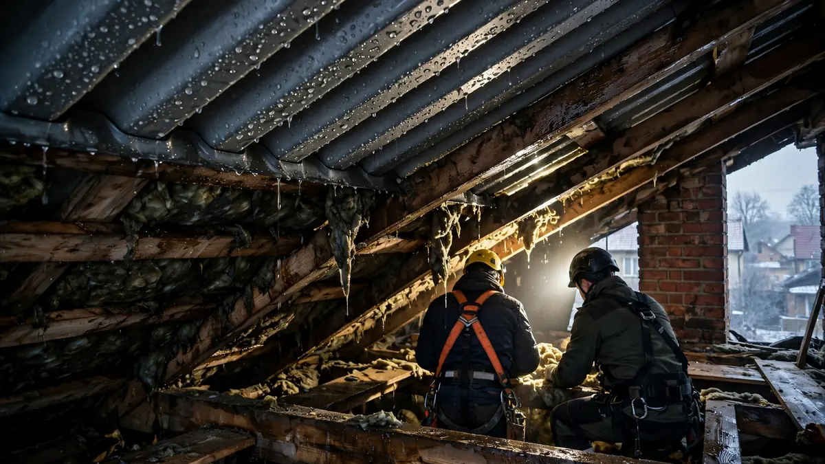 Krople wody i szron na spodzie blachodachówki widziane od strony strychu, poniżej ciemne, zawilgocone łaty i wełna mineralna