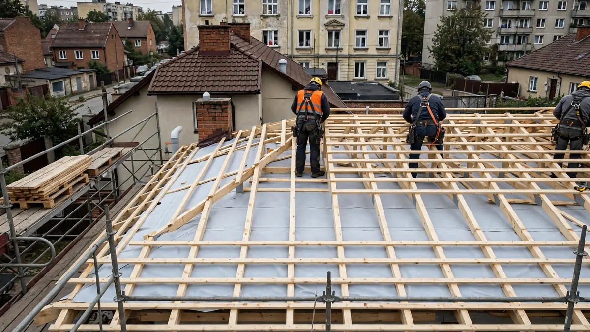 Odkryta więźba dachowa z nowymi łatami i kontrłatami na jasnej membranie, widok z rusztowania na dom jednorodzinny w Łodzi