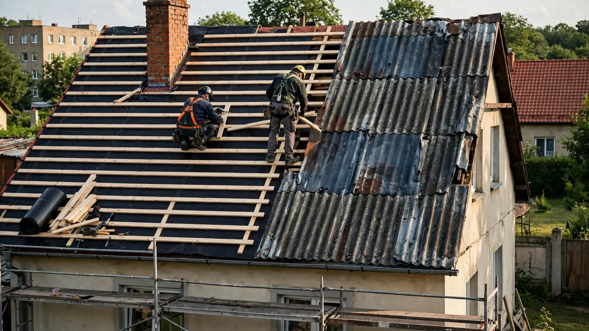Dekarze układają nową grafitową blachodachówkę na łatach i membranie na dachu domu jednorodzinnego