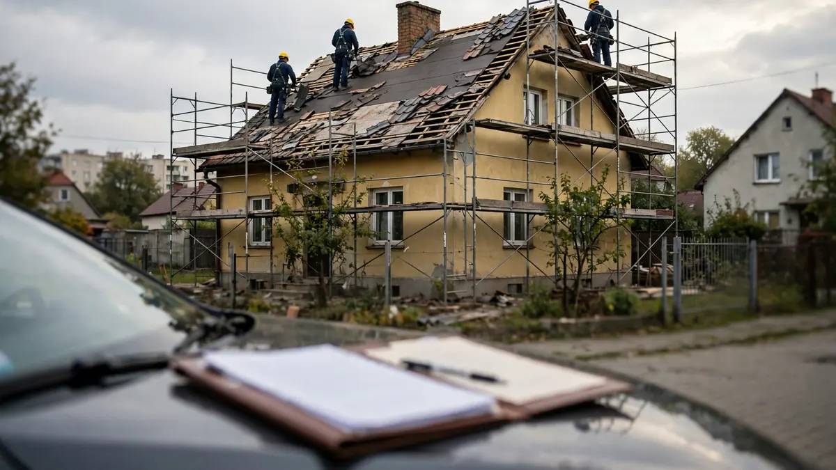 Właściciel domu przegląda z dekarzem kosztorys i umowę na wymianę dachu przy stole, w tle rusztowanie przy domu