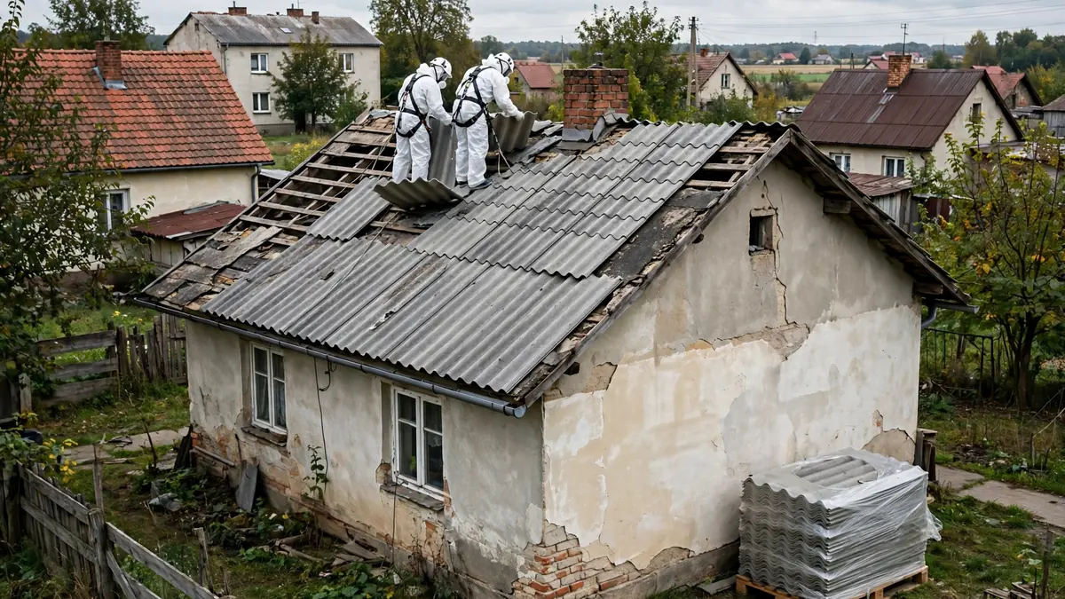 Dekarze w kombinezonach ochronnych zdejmują zwilżone płyty eternitu z dachu i układają je na palecie owiniętej folią